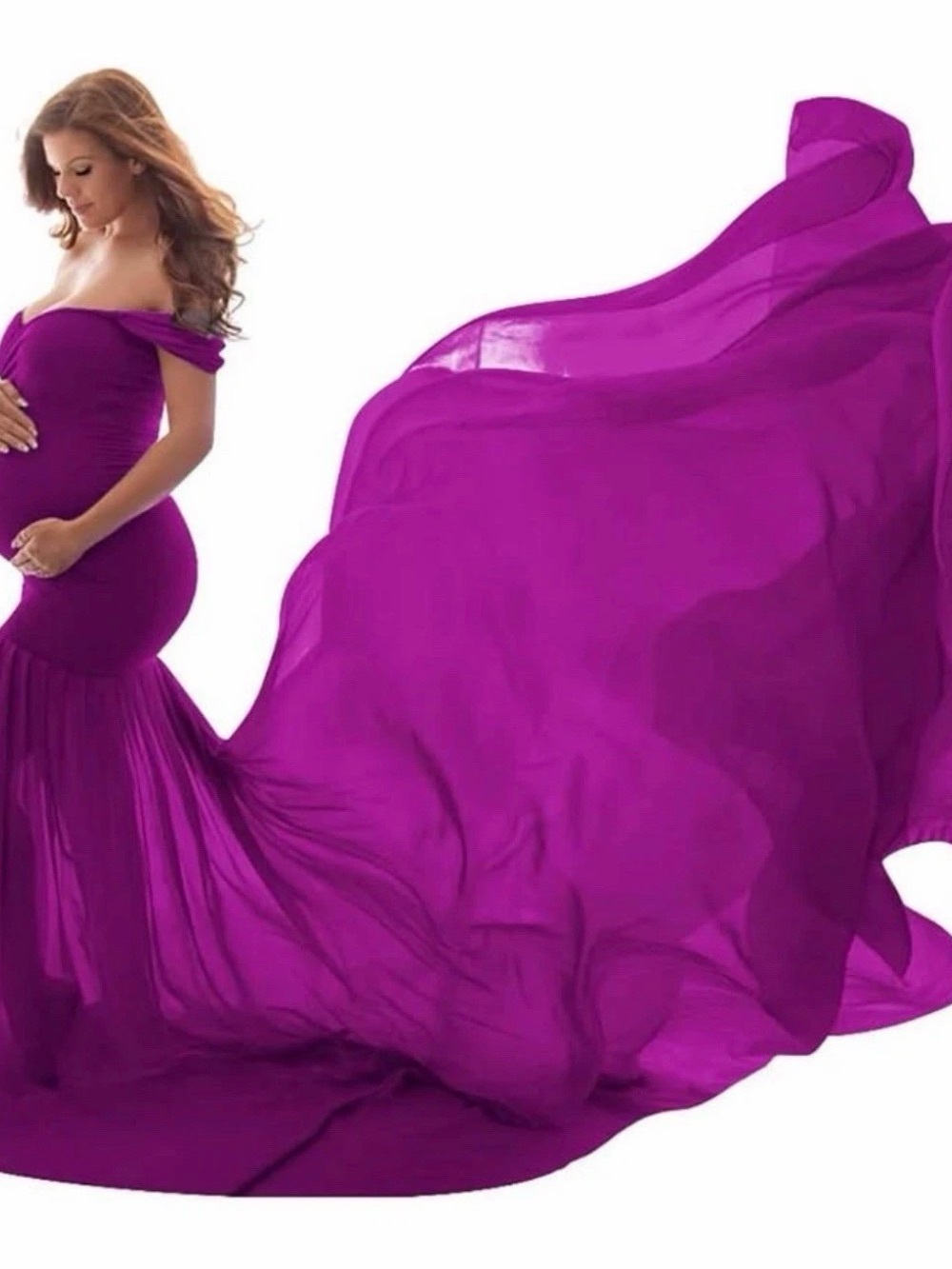 Off-Shoulder Maternity Mermaid Gown in Fuchsia